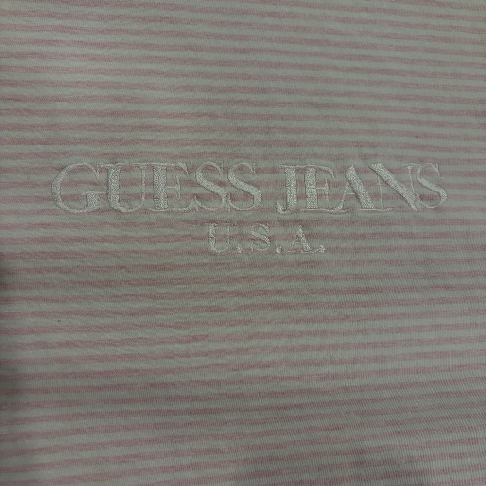 Vintage 90's Guess Jeans USA Pink & White Striped Short Sleeve Shirt Size Large - Picture 2 of 9